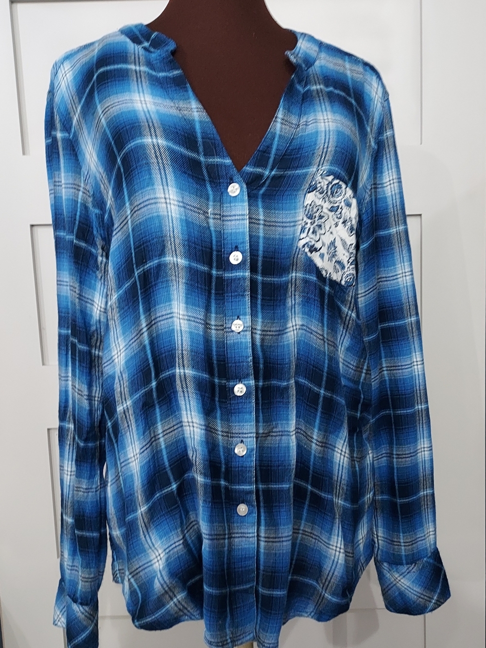 EUC PANHANDLE LADIES Blue Plaid FLANNEL WESTERN Size XL